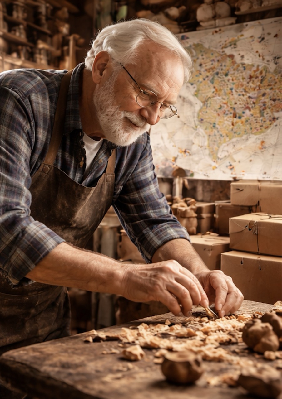 Close-up of wood shavings and carving tools on a workbench